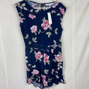 Cupcakes & Cashmere Jacinda Romper Floral Print Navy Cap Sleeves Ruffle NWT 8